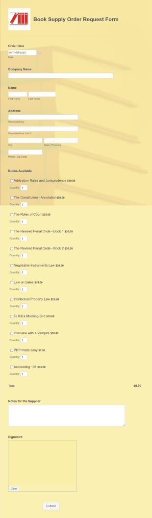 Book Supply Order Request Form Template