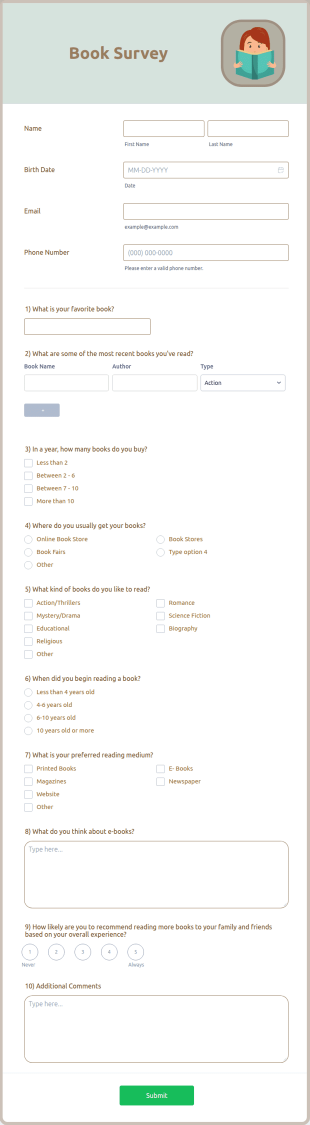 Book Survey Form Template