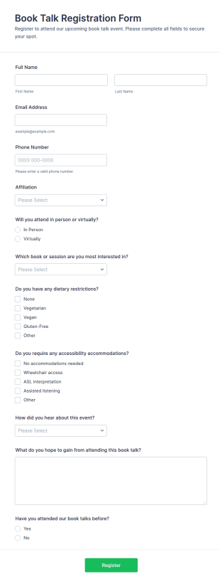 Book Talk Registration Form Template