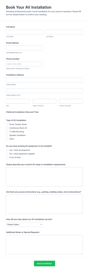 Book Your AV Installation Form Template