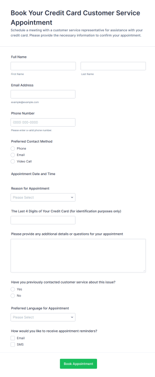 Book Your Credit Card Customer Service Appointment Form Template