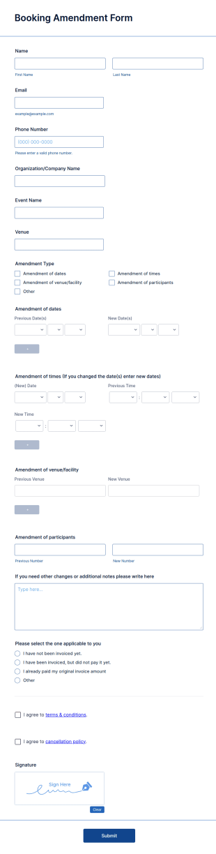 Booking Amendment Form Template