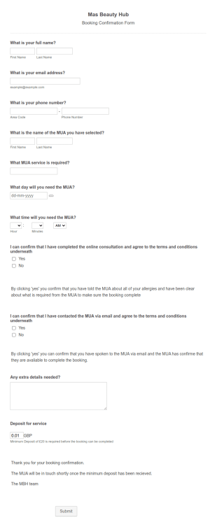 Beauty Hub Booking Confirmation Form Template