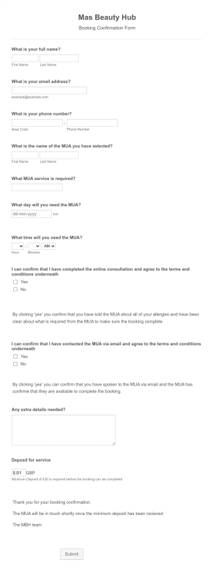 Beauty Hub Booking Confirmation Form Template