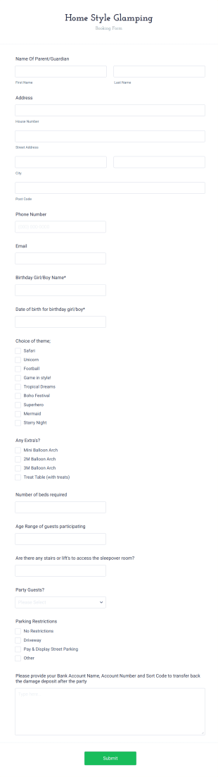 Themed Birthday Party Booking Form Template