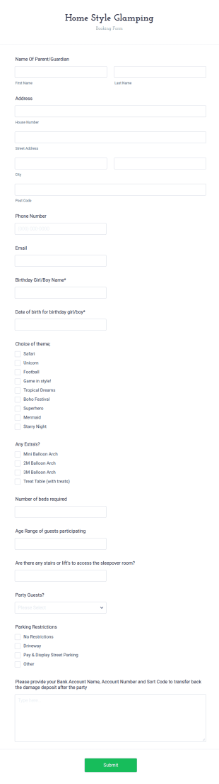 Themed Birthday Party Booking Form Template
