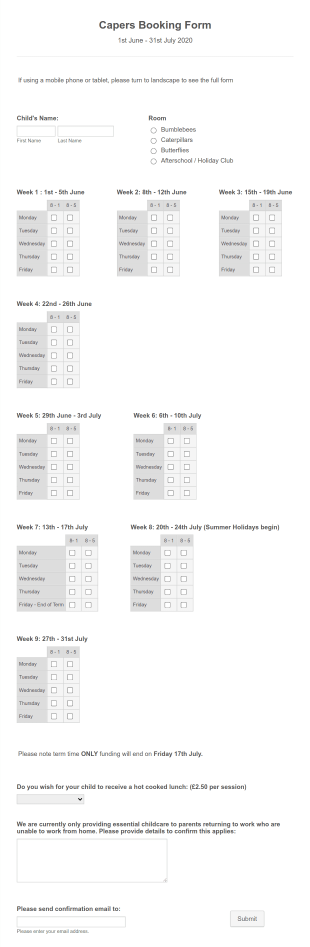 Preschool Booking Form Template