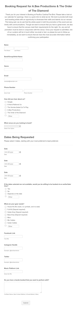 Booking Request For Bands Form Template