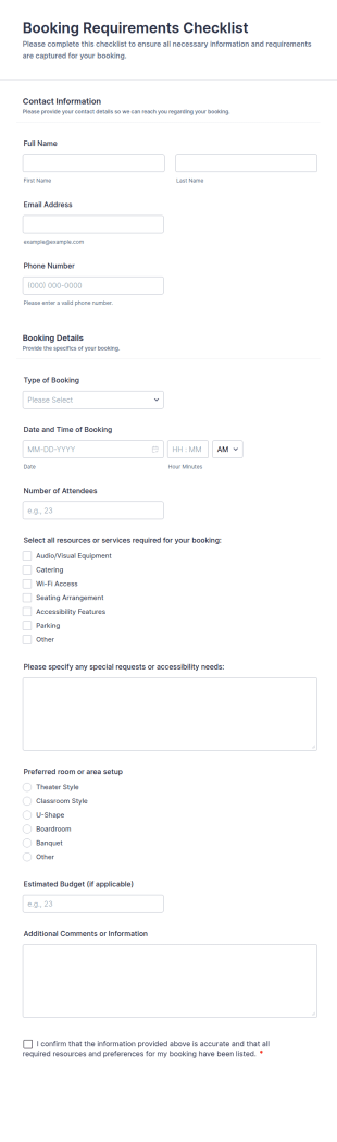 Booking Requirements Checklist Form Template