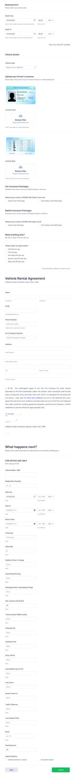 Car And Bakkie Rental Booking Form Template