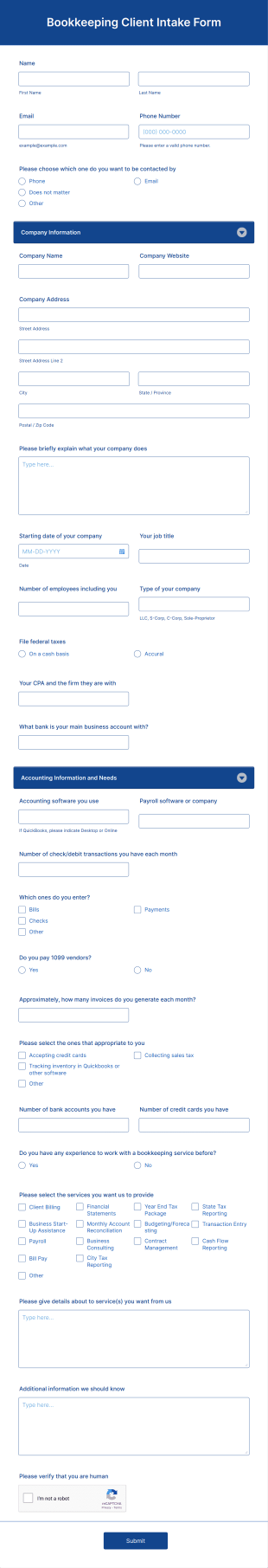 Bookkeeping Client Intake Form Template | Jotform
