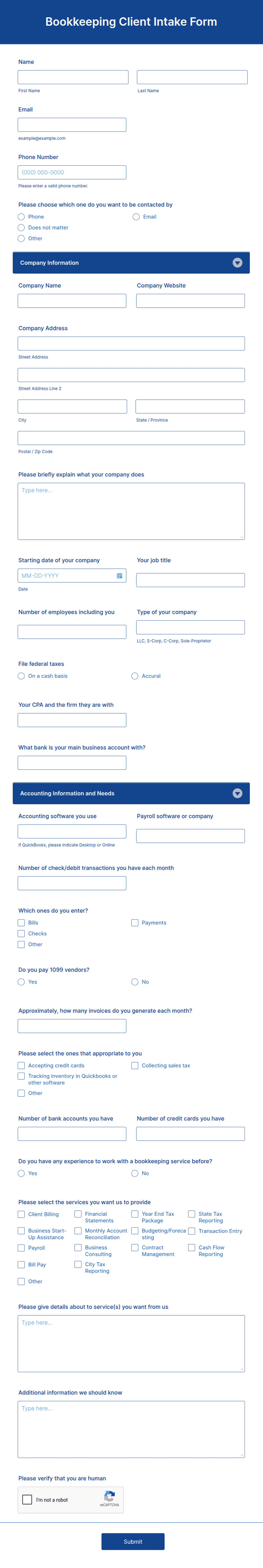 Finance Intake Form Bookkeeping Client Intake Form Template | Jotform