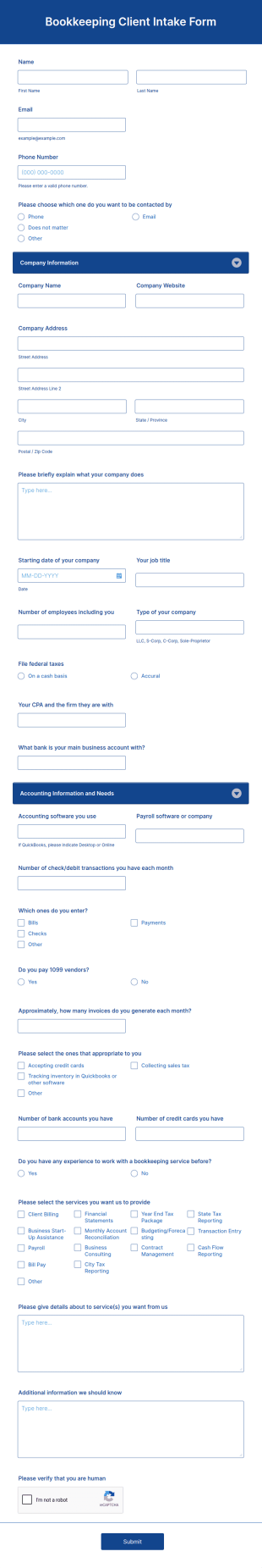 Bookkeeping Client Intake Form Template