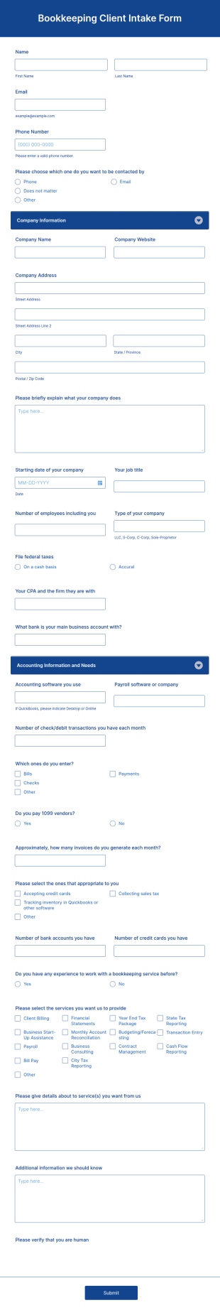 Bookkeeping Client Intake Form Template