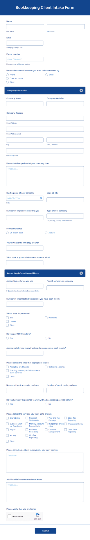 Bookkeeping Client Intake Form Template