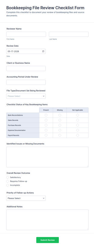 Bookkeeping File Review Checklist Form Template