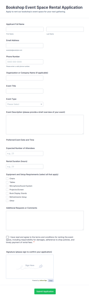 Bookshop Event Space Rental Application Form Template