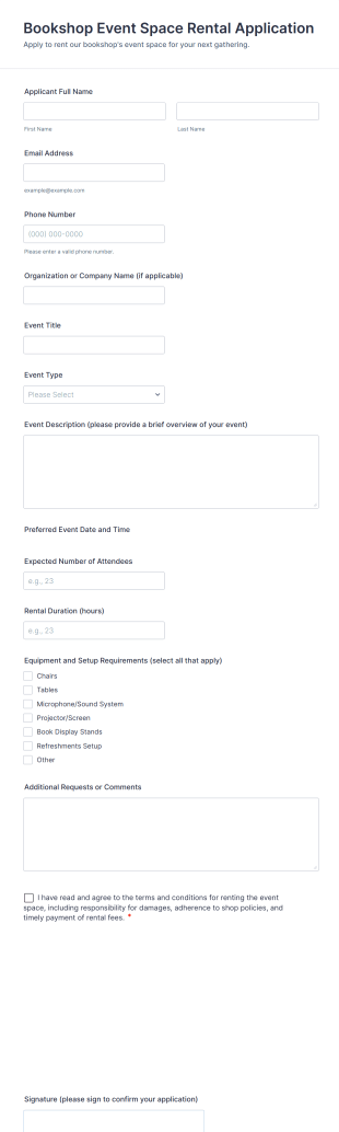 Bookshop Event Space Rental Application Form Template