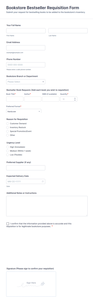 Bookstore Bestseller Requisition Form Template