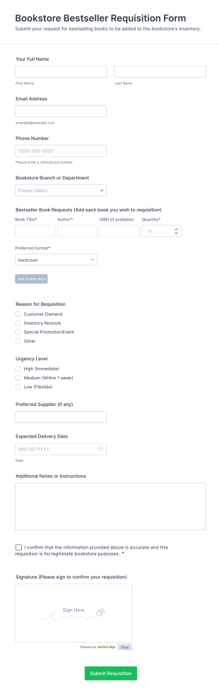 Bookstore Bestseller Requisition Form Template