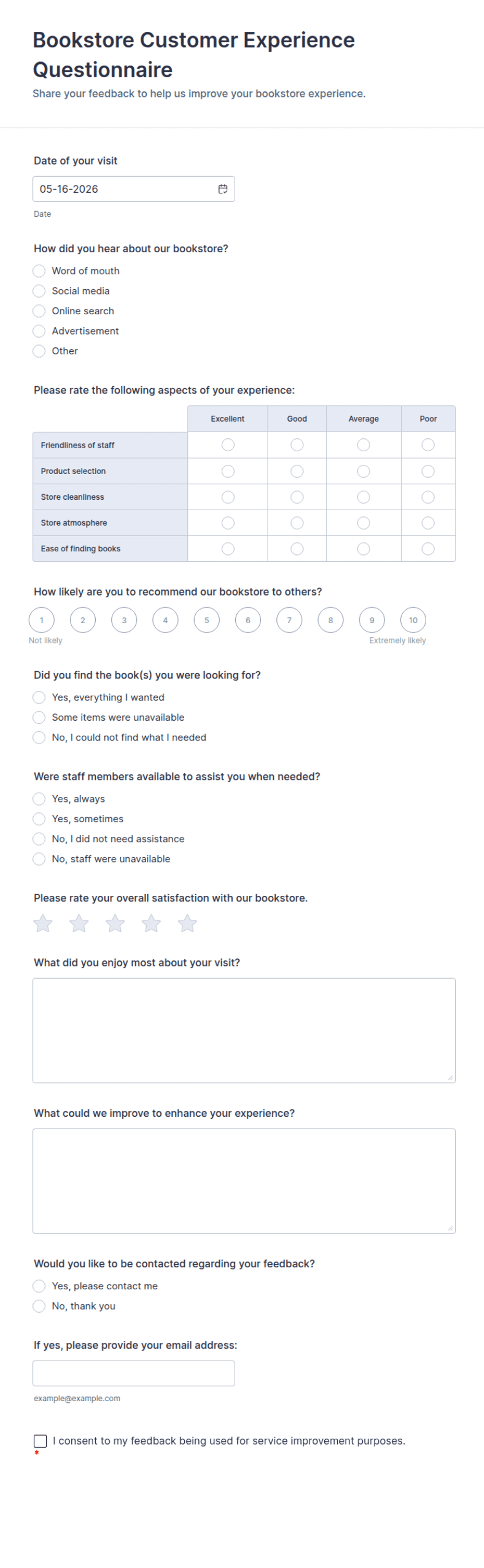 Bookstore Customer Experience Questionnaire Form Template | Jotform