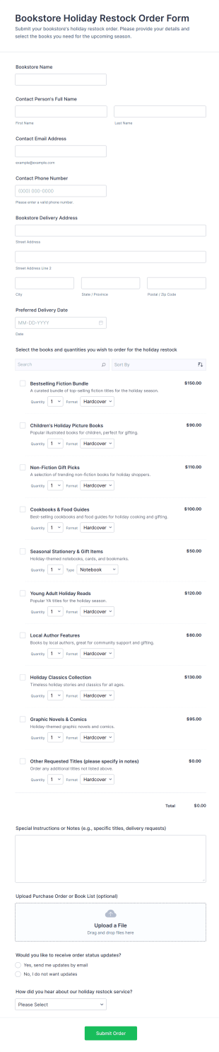 Bookstore Holiday Restock Order Form Template
