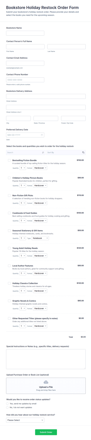 Bookstore Holiday Restock Order Form Template
