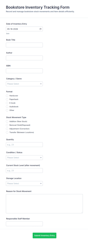 Bookstore Inventory Tracking Form Template