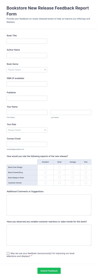 Bookstore New Release Feedback Report Form Template