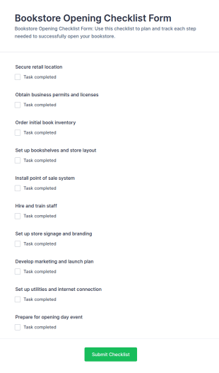 Bookstore Opening Checklist Form Template