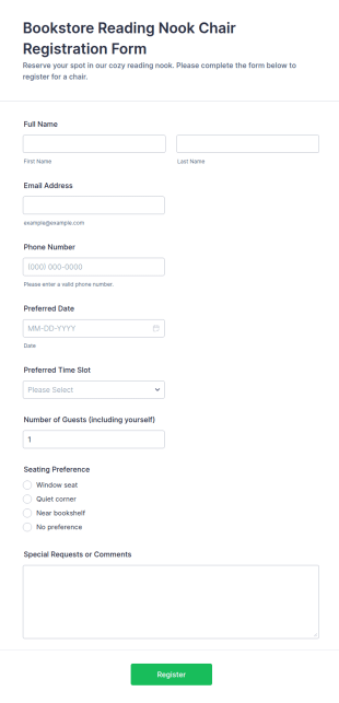 Bookstore Reading Nook Chair Registration Form Template