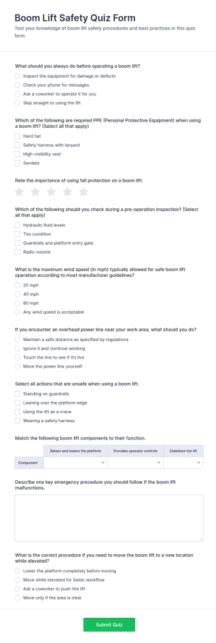 Boom Lift Safety Quiz Form Template