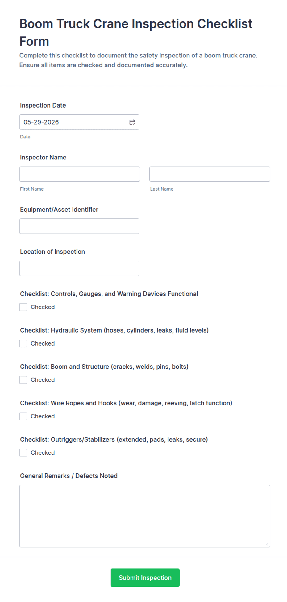 Boom Truck Crane Inspection Checklist Form Template | Jotform