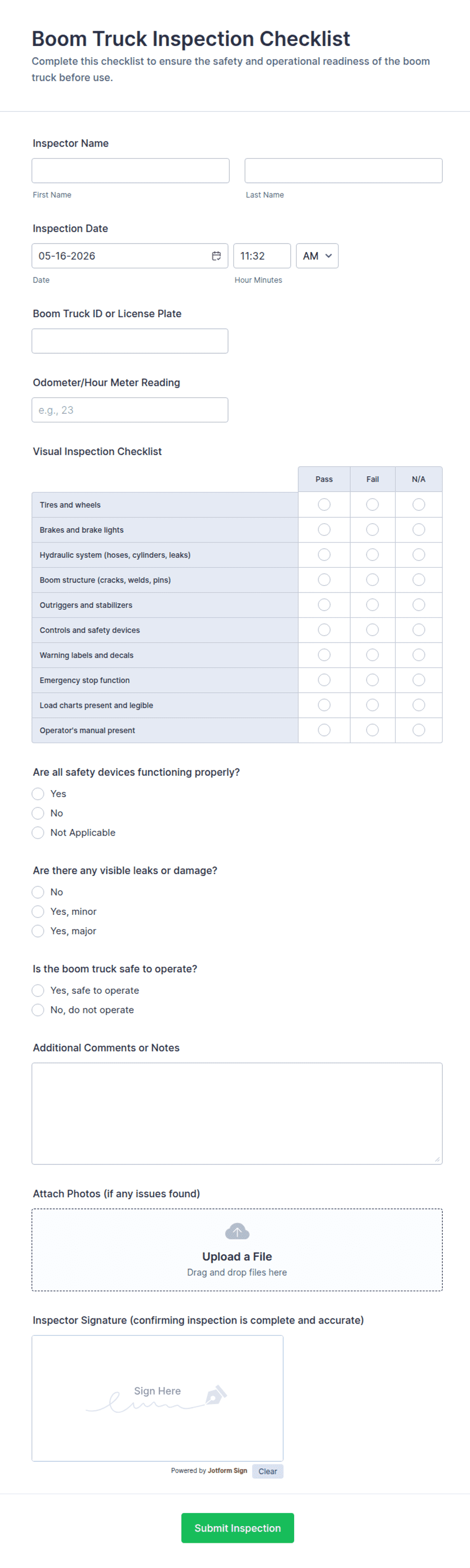 Boom Truck Inspection Checklist Form Template | Jotform