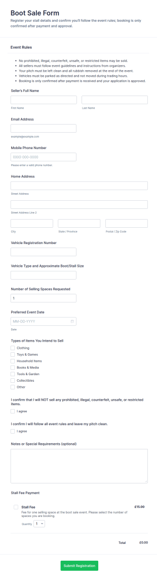 Boot Sale Form Template