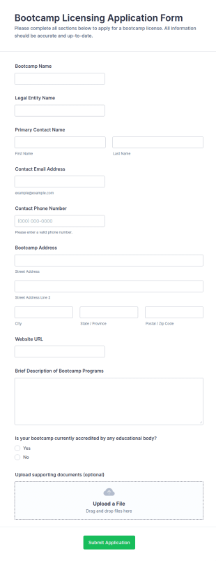 Bootcamp Licensing Application Form Template