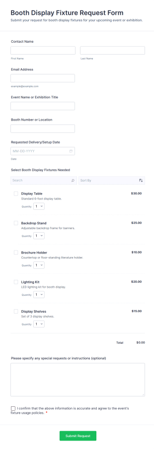 Booth Display Fixture Request Form Template