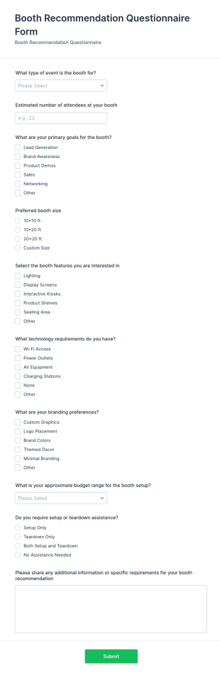 Booth Recommendation Questionnaire Form Template