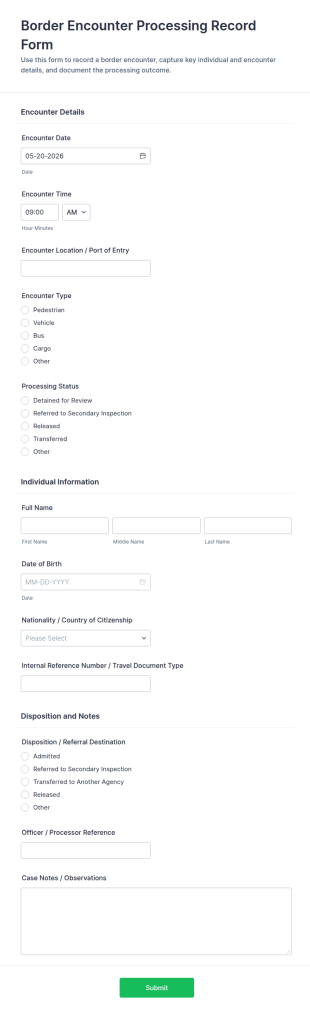Border Encounter Processing Record Form Template