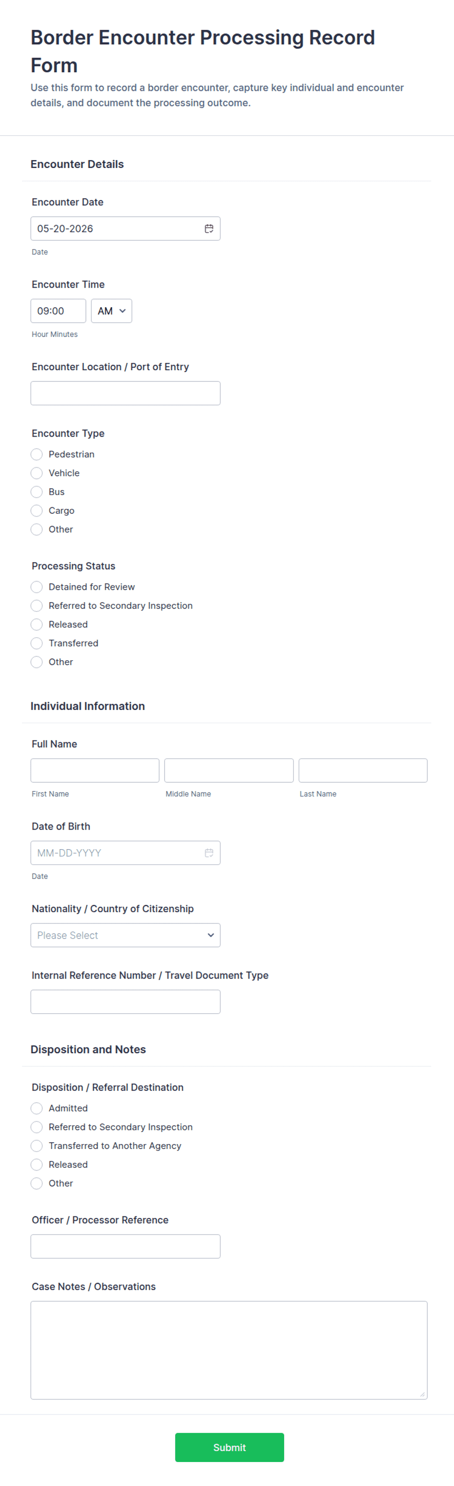 Border Encounter Processing Record Form Template | Jotform