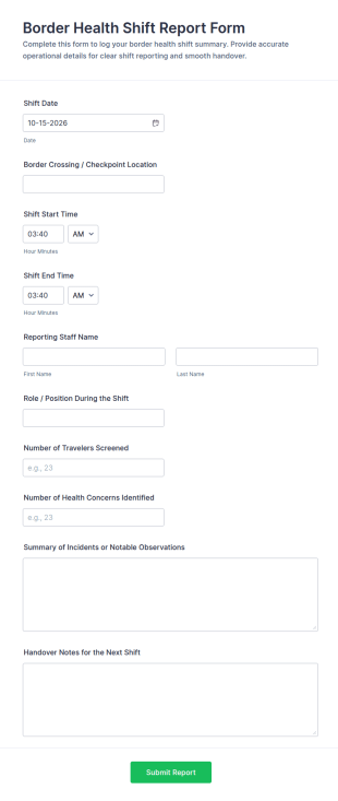 Border Health Shift Report Form Template