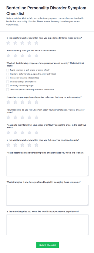 Borderline Personality Disorder Symptom Checklist Form Template