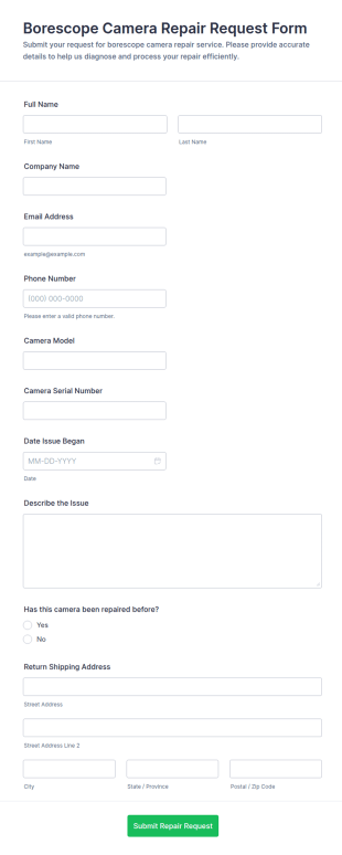 Borescope Camera Repair Request Form Template