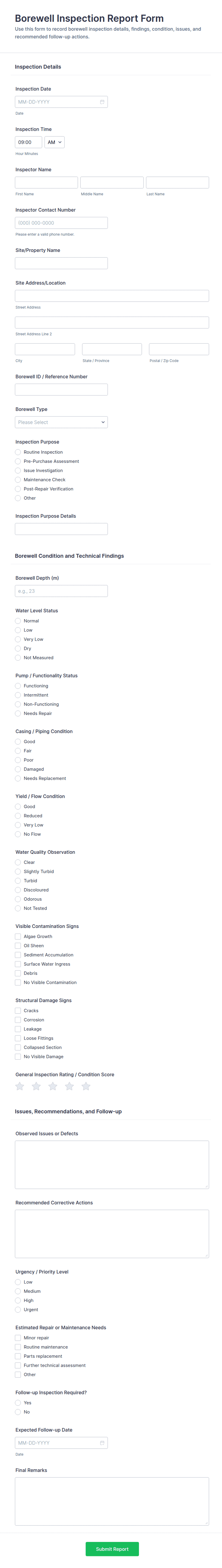 Borewell Inspection Report Form Template | Jotform