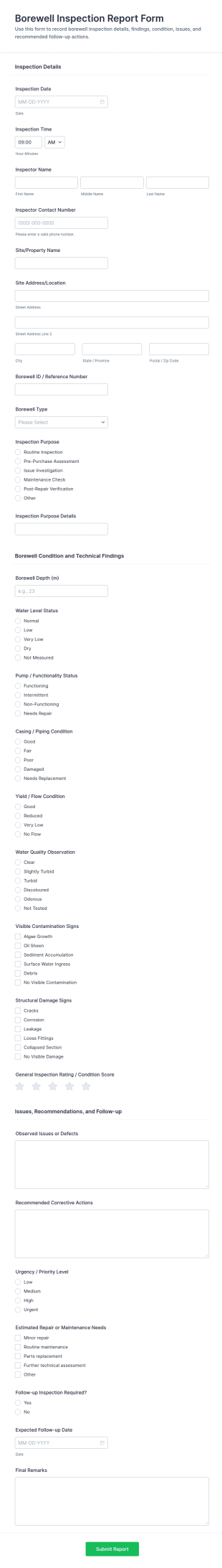 Borewell Inspection Report Form Template