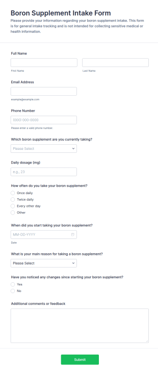Boron Supplement Intake Form Template