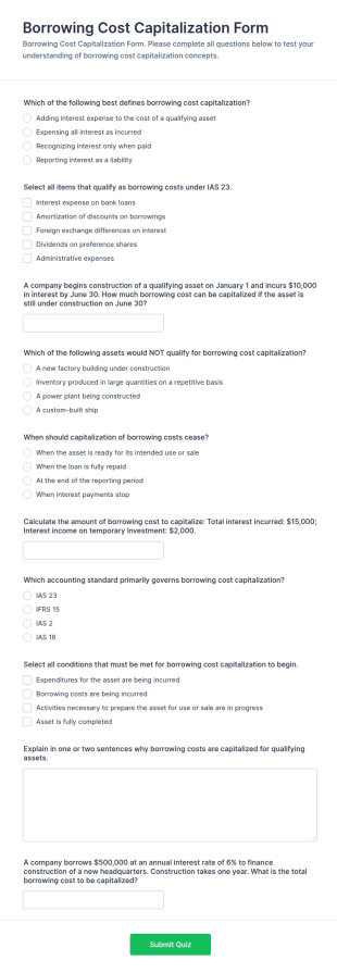 Borrowing Cost Capitalization Quiz Form Template