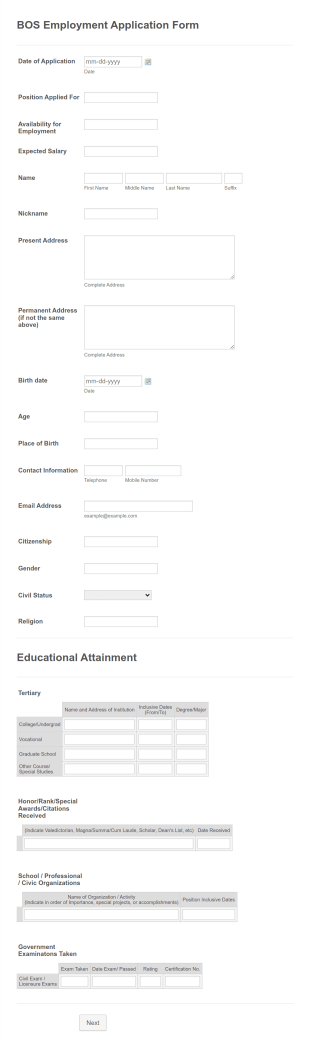 BOS Employment Application Form Template