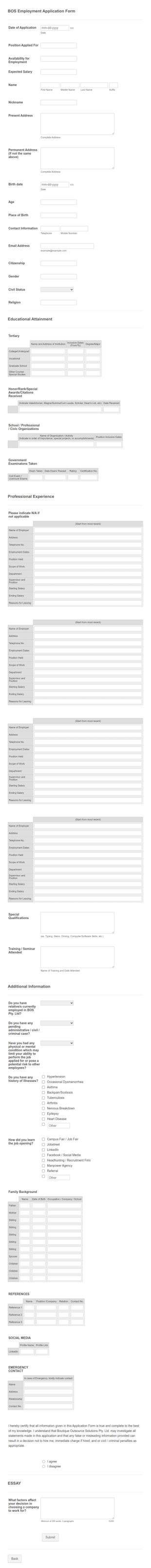 BOS Employment Application Form Template