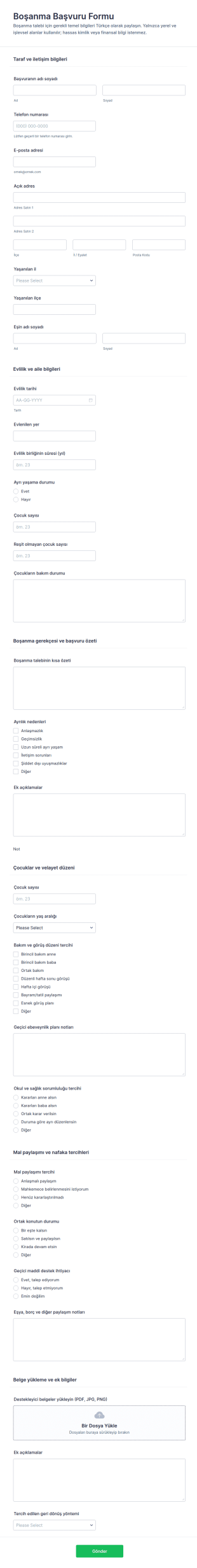 Boşanma Şikayet Form Şablonu